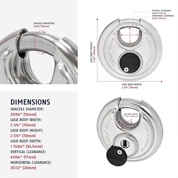 6 Pack ABUS Diskus 20/70 Heavy Duty Stainless Steel Disk Padlock - Rustproof Storage Lock with 3/8" Shackle - Made in Germany - Keyed Alike Code 323614