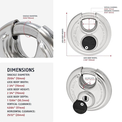6 Pack ABUS Diskus 20/70 Heavy Duty Stainless Steel Disk Padlock - Rustproof Storage Lock with 3/8" Shackle - Made in Germany - Keyed Alike Code 323614