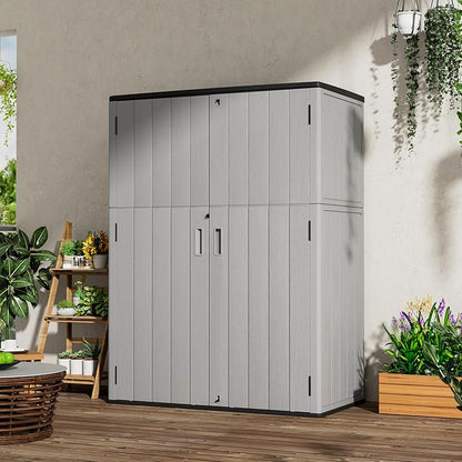 Plastic Outdoor Storage Cabinets,Vertical Sheds&Outdoor Storage with Floor,Outdoor Storage Box Waterproof/Lockable for Garage,Bike,Tools Storage Shed (57Cu.ft-Pale Grey)