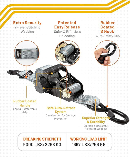 Strapinno Retractable Ratchet Tie-Down Straps,5,000 lbs Breaking Strength- 2 in x 12 ft Heavy Duty Ratchet Strap with Safety Lock S Hooks for Motorcycles, ATVs, UTVs, Lawn Equipment & Cargo (Gray)