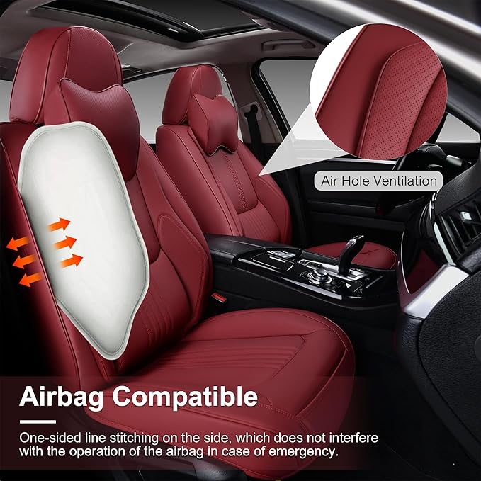 Front Seat Covers, 2 Pieces Universal Seat Covers for Cars, Waterproof Leather Auto Seat Protectors with Head Pillow, Car Seat Cushions Fit for Most Sedans SUV Pick-up Truck, Wine Red