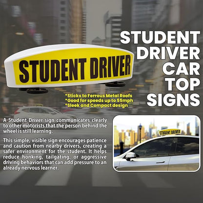 Student Driver Sign for Car Top - Weather-Resistant, Durable and Highly Visible Magnetic Student Driver Roof Signs for Driving School, With Strong Magnets for Attaching to the Vehicle