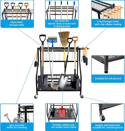 Garden Tool Organizer for Garage,Tool Organizers and Storage，Garden Tool Rack,Yard Tool Storage,Garden Tool Stand,Up to 58 Long-Handled Tools,4 multi-direction wheels lockable (28.4 inch)