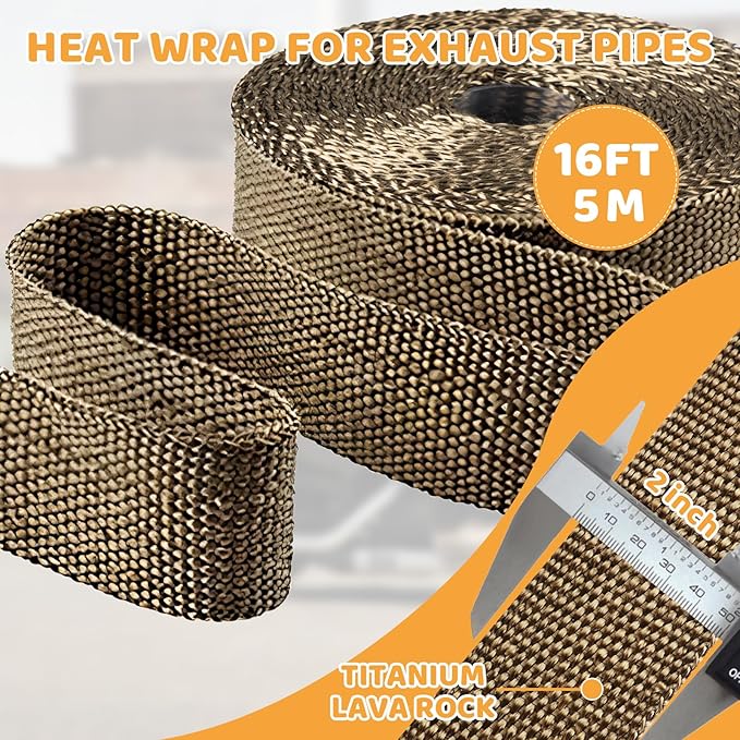 Exhaust Heat Wrap, Tooomplus 2'' x 16' Fiberglass Heat Shield Tape, Heat Wrap for Exhaust Pipes with 10pcs Stainless Steel Ties for Motorcycle Car Truck