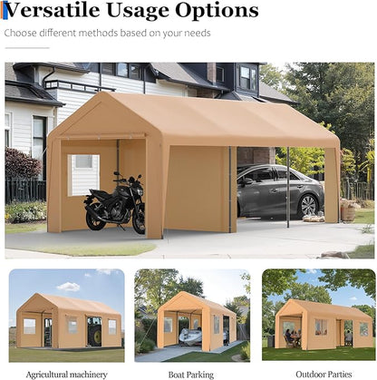 Carport, 13‘ x 20’ Heavy Duty Portable Garage All-Season Car Canopy w/Removable Sidewall & Doors, Carport Canopy Party Tent w/Water-Resistant Tarp for Backyard (Yellow)