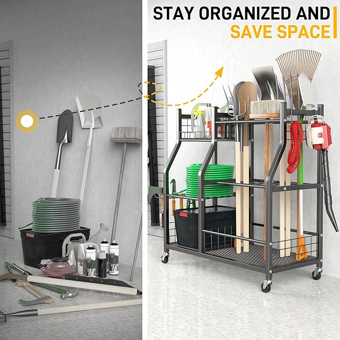 Ultrawall Garden Tool Organizer, Yard Tool Storage Rack for Garage Organization with Lockable Wheels, Garden Tool Stand for Rake, Brooms, Indoor & Outdoor Use