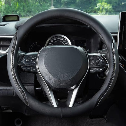 Car Steering Wheel Cover Black, 14-14.5 inch Steering Wheel Covers with Coasters Microfiber Leather Carbon Fiber Breathable Anti-Slip Durable Universal Auto Steering Wheel Protective