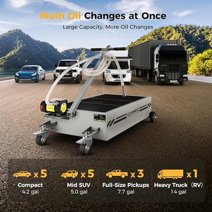 25 Gal Electric Oil Drain Pan, 110V High-Flow Pump, 9.8 FT Hose, 200 W Motor, 2 Locking Swivel Casters and 2 Directional Wheels Stable, Folding Handle, Heavy-Duty for Trucks, RVs, SUVs, Gray