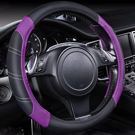 CAR PASS Line Rider Microfiber Leather Sporty 14.5-15 inch Steering Wheel Cover Universal Fits for 95% Truck,SUV,Cars, Anti-Slip Safety Comfortable Design (Black Purple)
