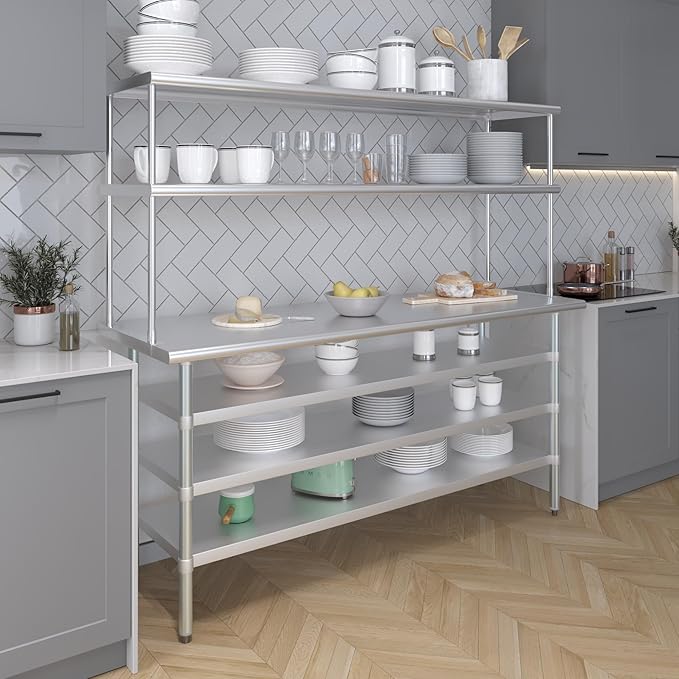 Amgood 24" x 72" Stainless Steel Work Table with 3 Shelves and 18" Wide Double Tier Overshelf | Metal Kitchen Prep Table & Shelving Combo | NSF