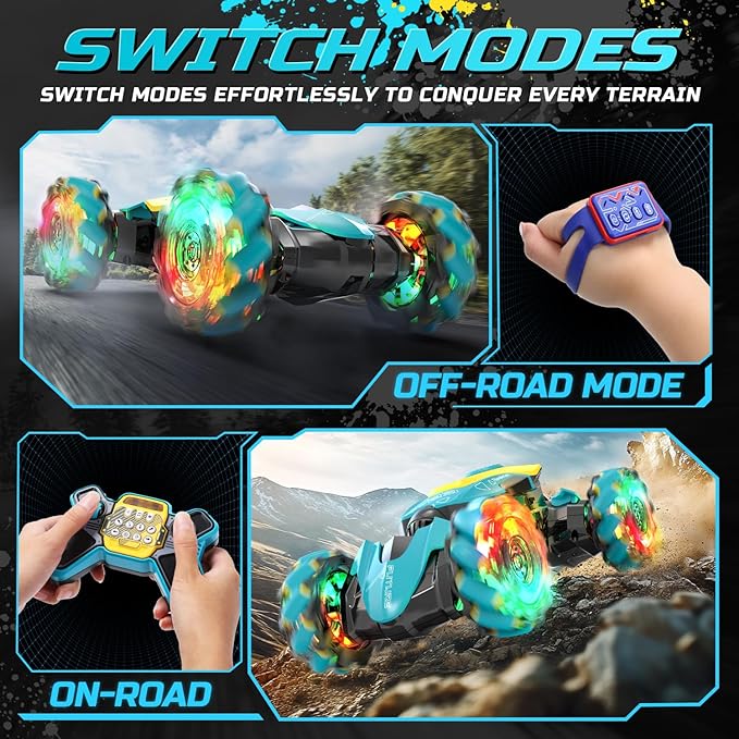 DEERC Gesture Sensing RC Stunt Car with Fog Mist & Music, 4WD Hand Controlled Remote Control Drift Car Toy for Kids, All Terrain Off-Road Double-Sided Driving with Lights, Birthday Gift for boy