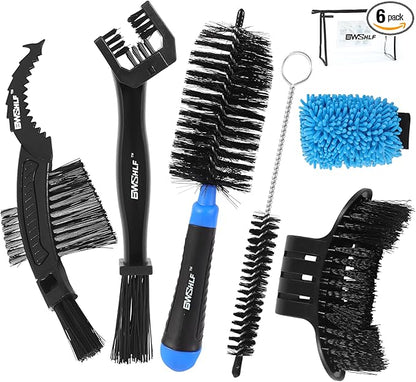 BWSHLF Bike Cleaning Kit (6 Pcs) with 1 Storage Bag, 5 Brushes for Tires, Chain, Sprockets, Cranks, Hubs, and Spokes, 1 Cleaning Mitt for Frame, Saddle, Clean Tools for MTB/Road/BMX/E-Bike/Gravel Bike