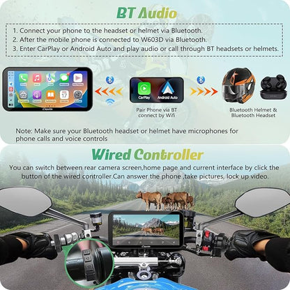 Carpuride W603D Motorcycle GPS Carplay Screen, Wireless CarPlay & Android Auto for Moto, with HD 1080P Dual Cameras, Remote Control，6.3" Waterproof Touchscreen, BT Aduio, Loop Recording, Navigation