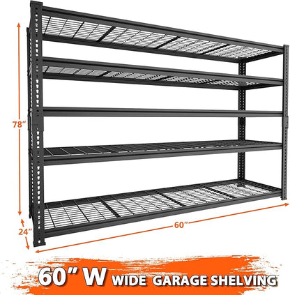 ROOMTEC Garage Shelving, 4 PCS 3300 LBS Capacity Sorage Shelves Heavy Duty, 5 Tier Adjustable Metal Organizer Wire Rack, 60" L x 24" W x 78" H Utility Shelf Unit for Kitchen Pantry