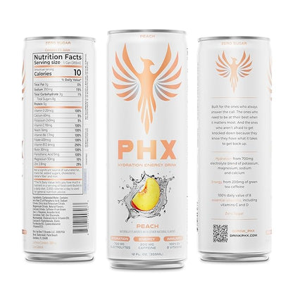 PHX Hydration Energy Drink - 700mg Electrolytes, 200mg Natural Green Tea Caffeine, 100% Daily Value 8 Essential Vitamins - 12 oz Cans (12 Pack) (12 Pack, Peach)