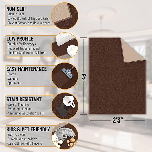Ottomanson Rugs for Entryway 2'3" x 3' Non Slip Solid Small Area Rugs Durable Front Door Mat Rug Stain Resistant Entrance Rugs for Bathroom Kitchen Bedroom & Living Room, Brown