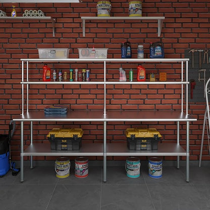 Amgood Stainless Steel Work Table Double Tier Overshelf | Metal Kitchen Prep Table & Shelving Combo (24" x 96" Work Table + 12" Overshelf)