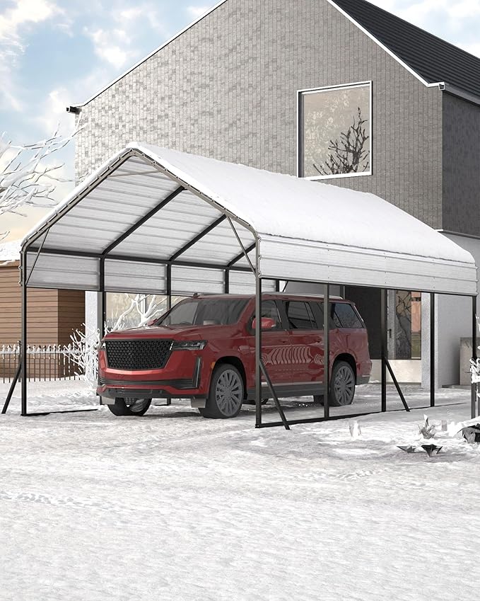 13'x21'x11' Oversized Metal Carport, Steel Heavy Duty Carport for All-Weather, Permanent Shelter for Bass Boats, Pickup Trucks, and Tractors, N.W. 660 Lbs