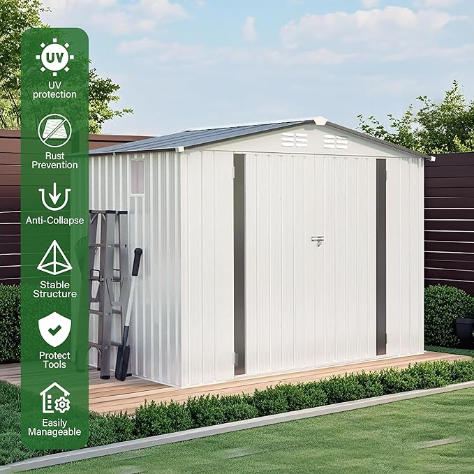 8 x 6 FT Outdoor Storage Shed, Metal Garden Tool Shed with Slooping Roof, Lockable Doors and Aluminum Frames, Easy to Assemble for Garden, Patio, Lawn, White+Black