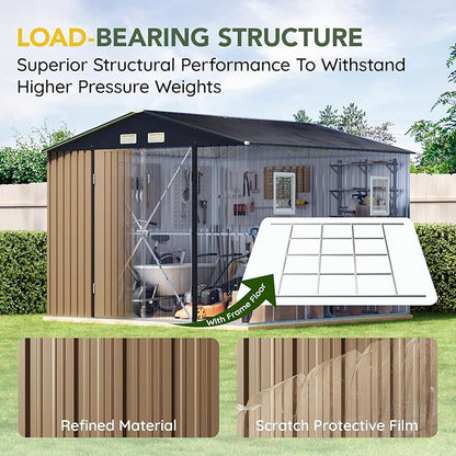 Breezz Outdoor Storage Shed 10 x 10ft. Utility Tool Shed Metal Storage Garden Shed with Lockable Doors, Windows & Metal Frame Floor for Patio Storage,Brown