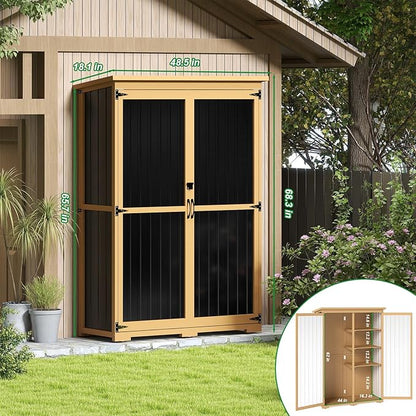 Outdoor Storage Shed with Shelf,Wood & Metal Storage Cabinet with Lockable Doors & Sloping Roof,Vertical Garden Shed for Patio Backyard,Tool Shed and Accessories, Brown