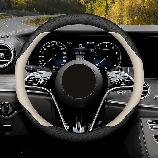 Steering Wheel Cover Standard Size Medium 14.5-15 inch, Breathable Microfiber Leather, Anti-Slip, Soft Grip, Universal Fit for Cars SUVs Trucks, Black and Creamy White