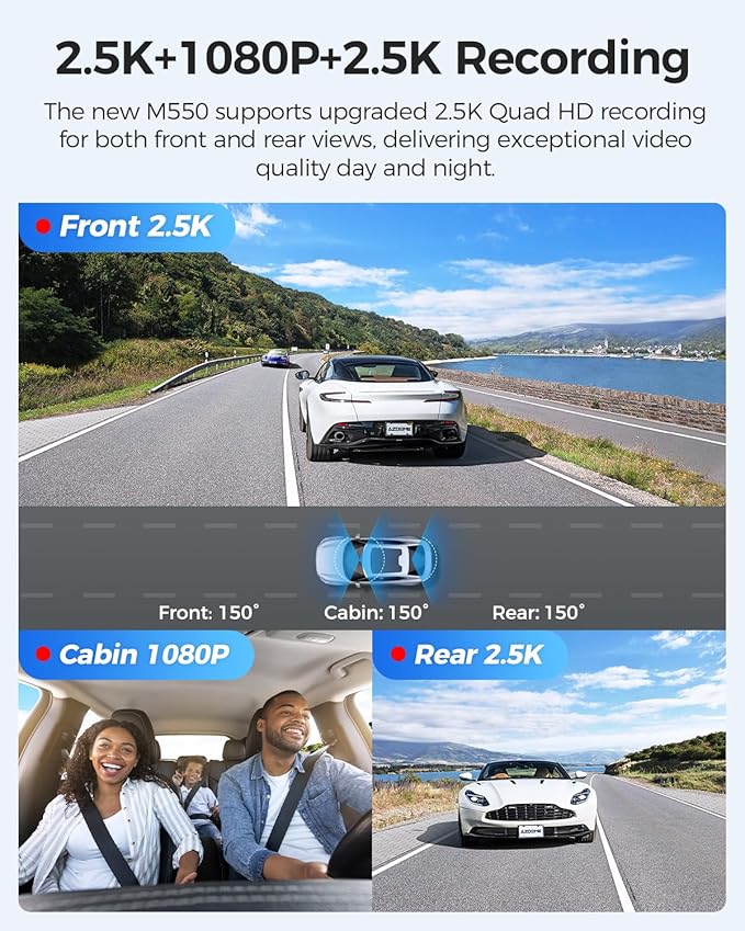AZDOME M550 3 Channel Dash Cam, 4K+2.5K Dual Dash Camera for Cars Built-in WiFi GPS, 1440P+1080P+1440P Front and Rear Inside, 64GB Card Included, 3.19" IPS Screen, WDR, IR Night Vision, Parking Mode