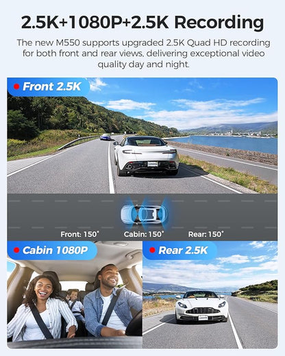 AZDOME M550 3 Channel Dash Cam, 4K+2.5K Dual Dash Camera for Cars Built-in WiFi GPS, 1440P+1080P+1440P Front and Rear Inside, 64GB Card Included, 3.19" IPS Screen, WDR, IR Night Vision, Parking Mode