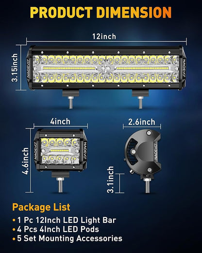 NAOEVO 12 Inch LED Light Bar and 4PCS 4 Inch LED Pod Lights, 54000LM LED Fog/Driving/Off Road Lights, Triple Row Spot Flood Combo LED Light Bar for Truck Car UTV ATV Boat, 1 Year Warranty