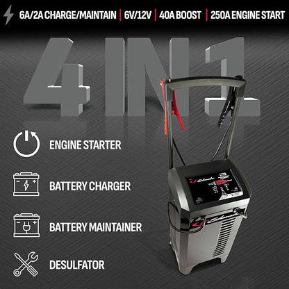 Schumacher Electric Wheeled Battery Charger and Engine Starter, SC1325, 4-in-1, Fully Automatic, 250 Amps, 40 Amp Boost Mode, 6 Volt, 12 Volt, for Car, Truck, and Marine Batteries