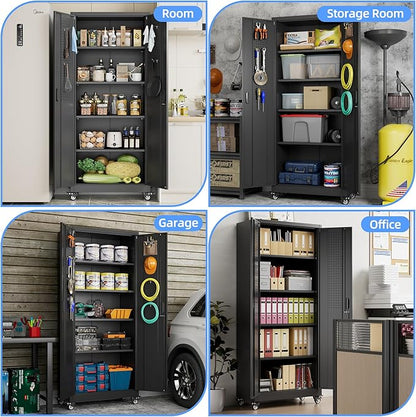 Metal Storage Cabinet with Wheels, Pegboard and 4 Hooks, 73" H Garage Storage Cabinet with 4 Adjustable Shelves and 2 Lockable Doors for Garage Home Office Warehouse, Black, Assembly Required