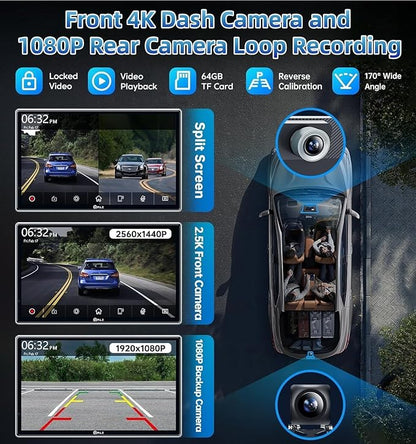 Portable Carplay Screen for Car, 9" Wireless Carplay Touchscreen with 4K Dash Cam, Android Auto Car Stereo, Car Audio Receivers with 1080p Backup Camera, GPS, Bluetooth, FM, Siri