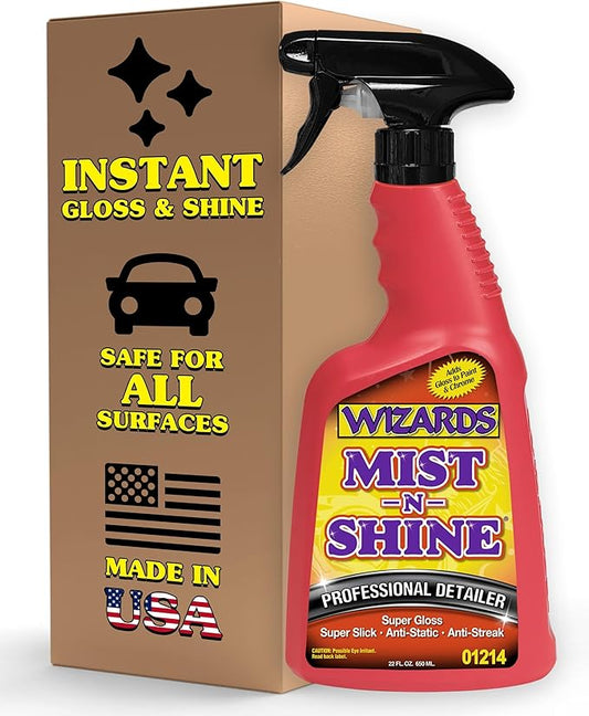 Wizards Mist-N-Shine Detail Spray - 22 Oz - Multi-Purpose High Gloss Finish Waterless Quick Detailer Spray for Glass, Chrome, Paint and Plastics - Car Exterior Cleaner for Auto Detailing Supplies