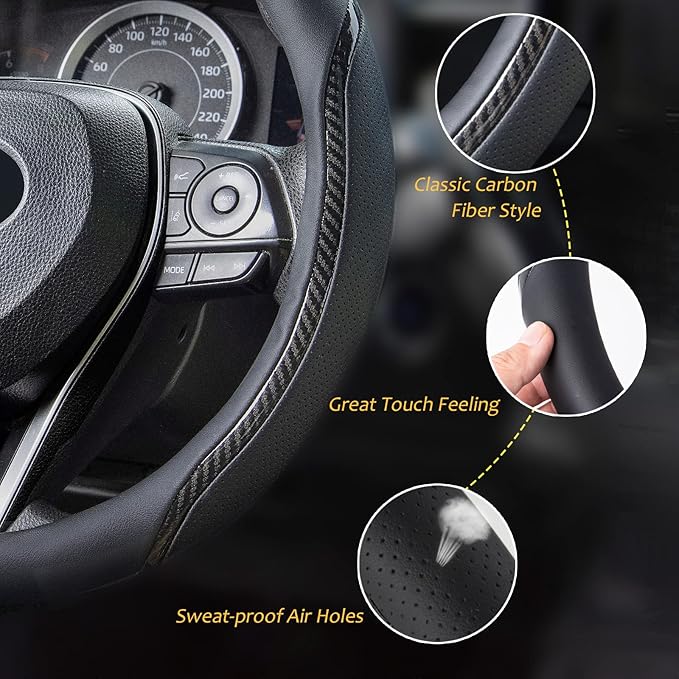 Car Steering Wheel Cover Black, 14-14.5 inch Steering Wheel Covers with Coasters Microfiber Leather Carbon Fiber Breathable Anti-Slip Durable Universal Auto Steering Wheel Protective