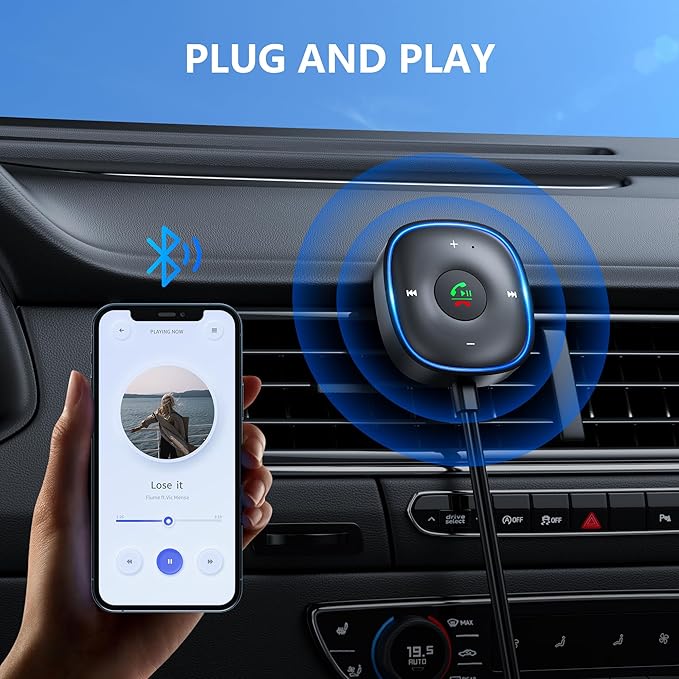 Bluetooth 5.3 Aux Car Adapter, SONRU Bluetooth Receiver for Car [Dual Connection & Mic Noise Cancellation], Aux Adapter with Plug-and-Play for Music/Hands-Free Calls/Stereo Audio