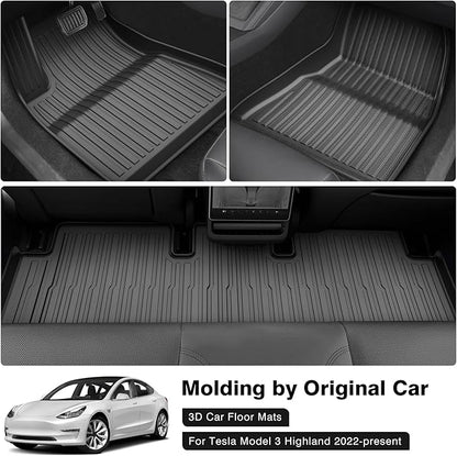Powerty Floor Mats for 2024 2025 Tesla Model 3 Highland Accessories 1st & 2nd Row Liner Set All Weather TPE 3D Car Mats All-Weather Floor Liners