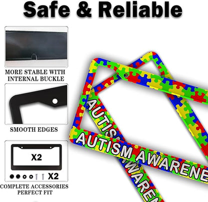 Custom License Plate Frame Multicolor License Plate Frames Autism Awareness Puzzle Universal Aluminum Car Accessory 2 Pack with Screw Covers Set