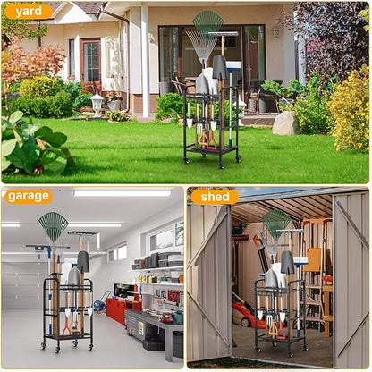 FZK Garden Tool Organizer,Garage Storage,Garden Tool Organizer for Garage,Yard Tool Organizer for Garage,Wheeled Garden Tool Rack,Up to 40 Long-Handled Garden Tool Storage,Garage Tool Organizer