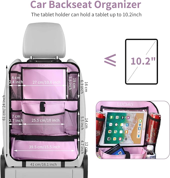 LUCMO Car Backseat Organizer with Touch Screen Tablet Holder-2 Pcs,9 Storage Pockets Car Storage Organizer Protectors Kick Mats Travel Accessories for Kids-Pink
