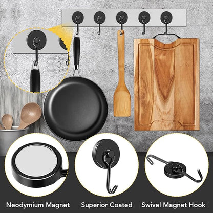 MIKEDE Black Strong Magnetic Hooks, 70LB+ Swivel Swing Magnetic Hooks Heavy Duty, Cruise Hooks Neodymium Magnets with Hooks for Hanging, Home, Metal Door, Office and Garage - Pack of 4