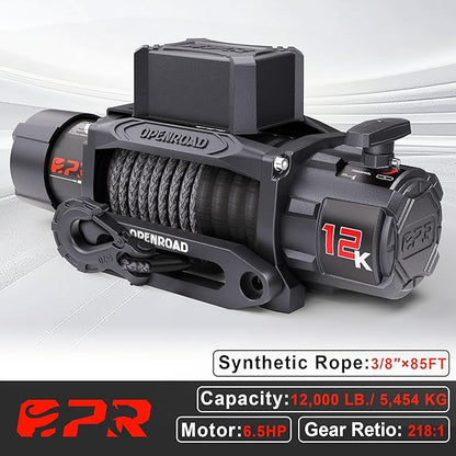 OPENROAD 12000 lb Recovery Winch with Synthetic Rope and 2 Wireless Remotes - IP68 Waterproof 12V Electric Winch for Jeep, SUV, Truck & Trailer - Panther Series 3S
