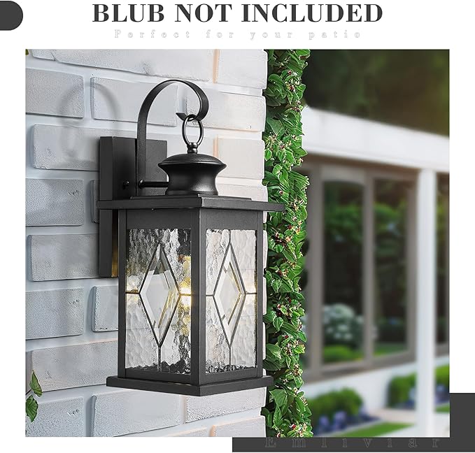 Emliviar Large Outdoor Wall Lantern 18 Inch, Black Front Porch Light with Water Grain Glass Shade, Outside Lights for House and Garage, 1810-BW2-SD