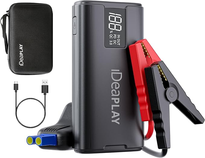 IDEAPLAY J10 Jump Starter, 2000A 12V Car Battery Jump Starter Portable for Up to 8.0L Gas and 7.0L Diesel Engine, Jump Box with Jumper Cables, Type C Fast Charging Battery Jumper with LED Flashlight