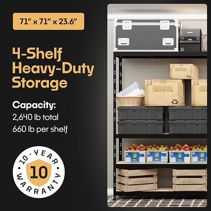 Storage Shelves: 4 Storage Shelves Heavy Duty w/ 2,640 lb Total Load Capacity, 660 per Storage Shelf, 71x71x24 | Adjustable Shelving Unit, Robust Garage Shelving, Extra Long Steel Profiles