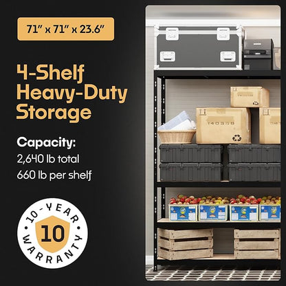 Storage Shelves: 4 Storage Shelves Heavy Duty w/ 2,640 lb Total Load Capacity, 660 per Storage Shelf, 71x71x24 | Adjustable Shelving Unit, Robust Garage Shelving, Extra Long Steel Profiles
