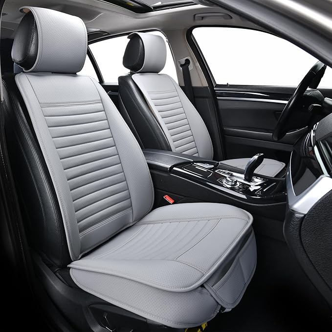 2pc Car Seat Covers, Luxury Car Protectors, Universal Anti-Slip Driver Seat Covers, Edge Wrapping Front Car Seat Covers with PU Leather(Gray)