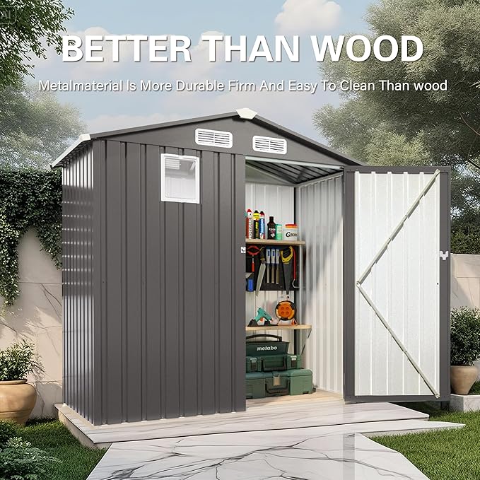 6 x 4 FT Outdoor Storage Metal Shed, Bike Garden Tool Shed with Slooping Roof, Lockable Doors and Aluminum Frames, Shed Easy to Assemble for Garden, Patio, Lawn, Black