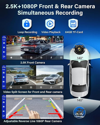 2025 Exclusive 11.26'' Portable Wireless Apple CarPlay Screen for Car & Android Auto Car Stereo, 2.5K Dash Cam 1080P Backup Camera car Audio Receivers/GPS Navigation/Voice Control for All Vehicles