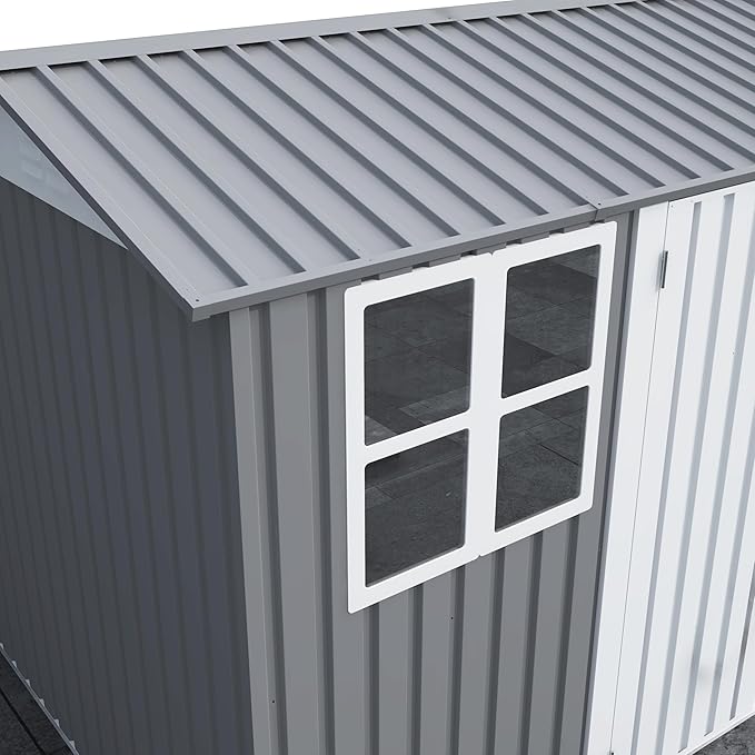 8x10 FT Outdoor Storage Shed, Metal Garden Shed with 4-pane Window, Outside Tool Shed with Lockable Hinged Doors & 4 Air Vents, Waterproof Storage Building for Backyard, Patio, Lawn, White+Gray