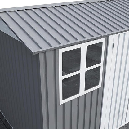 8x10 FT Outdoor Storage Shed, Metal Garden Shed with 4-pane Window, Outside Tool Shed with Lockable Hinged Doors & 4 Air Vents, Waterproof Storage Building for Backyard, Patio, Lawn, White+Gray
